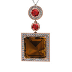 Dumanlı kuvars, garnet ve beyaz zirkon 18 ayar rose altın kolye (40 cm gümüş rolo zincir)