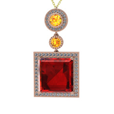 Garnet, sitrin ve beyaz zirkon 925 ayar rose altın kaplama gümüş kolye (40 cm gümüş rolo zincir)