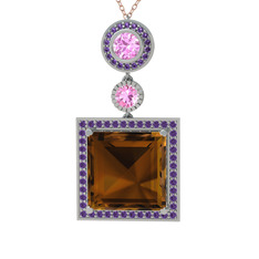 Toprak Kolye - Dumanlı kuvars, pembe kuvars ve ametist 14 ayar beyaz altın kolye (40 cm gümüş rolo zincir) #1pfg0zp