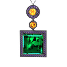 Toprak Kolye - Yeşil kuvars, sitrin ve ametist 925 ayar siyah rodyum kaplama gümüş kolye (40 cm gümüş rolo zincir) #1ptgtuv