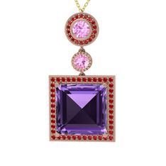 Ametist, pembe kuvars ve garnet 925 ayar rose altın kaplama gümüş kolye (40 cm altın rolo zincir)