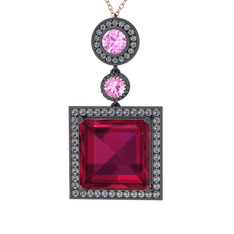 Rodolit garnet, pembe kuvars ve beyaz zirkon 925 ayar siyah rodyum kaplama gümüş kolye (40 cm gümüş rolo zincir)