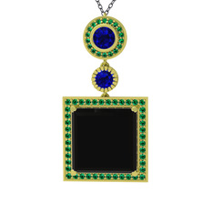 Toprak Kolye - Siyah zirkon, lab safir ve yeşil kuvars 14 ayar altın kolye (40 cm gümüş rolo zincir) #1q8wqjs