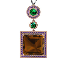 Dumanlı kuvars, yeşil kuvars ve ametist 14 ayar rose altın kolye (40 cm gümüş rolo zincir)