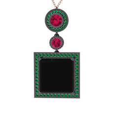 Toprak Kolye - Siyah zirkon, rodolit garnet ve yeşil kuvars 925 ayar siyah rodyum kaplama gümüş kolye (40 cm gümüş rolo zincir) #1qnjqei