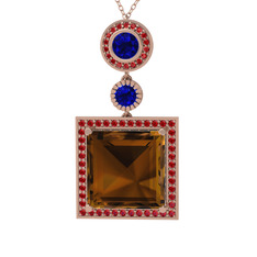 Toprak Kolye - Dumanlı kuvars, lab safir ve garnet 14 ayar rose altın kolye (40 cm rose altın rolo zincir) #1r5esu3