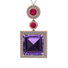 Ametist, rodolit garnet ve beyaz zirkon 925 ayar rose altın kaplama gümüş kolye (40 cm gümüş rolo zincir)