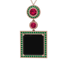 Toprak Kolye - Siyah zirkon, rodolit garnet ve yeşil kuvars 14 ayar rose altın kolye (40 cm gümüş rolo zincir) #1rmwchf