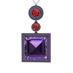 Ametist ve garnet 925 ayar siyah rodyum kaplama gümüş kolye (40 cm beyaz altın rolo zincir)