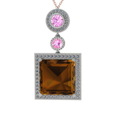 Toprak Kolye - Dumanlı kuvars, pembe kuvars ve beyaz zirkon 14 ayar beyaz altın kolye (40 cm rose altın rolo zincir) #1rtpya2