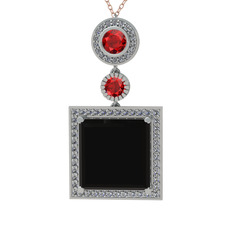 Siyah zirkon, garnet ve beyaz zirkon 14 ayar beyaz altın kolye (40 cm rose altın rolo zincir)