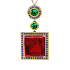 Garnet, yeşil kuvars ve ametist 925 ayar altın kaplama gümüş kolye (40 cm rose altın rolo zincir)