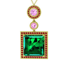 Toprak Kolye - Yeşil kuvars, pembe kuvars ve garnet 8 ayar altın kolye (40 cm altın rolo zincir) #1t4lrg5