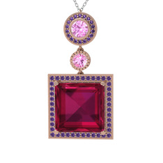 Toprak Kolye - Rodolit garnet, pembe kuvars ve ametist 18 ayar rose altın kolye (40 cm beyaz altın rolo zincir) #1t8nhk2
