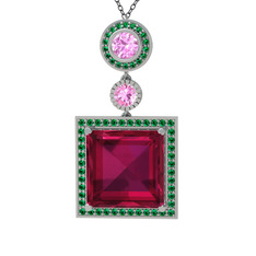 Toprak Kolye - Rodolit garnet, pembe kuvars ve yeşil kuvars 14 ayar beyaz altın kolye (40 cm gümüş rolo zincir) #1tkn6q1