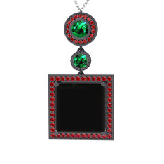 Toprak Kolye - Siyah zirkon, yeşil kuvars ve garnet 925 ayar siyah rodyum kaplama gümüş kolye (40 cm gümüş rolo zincir) #1tq5lzt