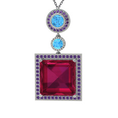Toprak Kolye - Rodolit garnet, akuamarin ve ametist 8 ayar beyaz altın kolye (40 cm gümüş rolo zincir) #1tuhtg4