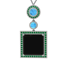 Toprak Kolye - Siyah zirkon, akuamarin ve yeşil kuvars 8 ayar beyaz altın kolye (40 cm gümüş rolo zincir) #1u55wov