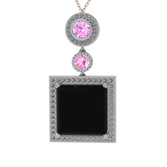 Siyah zirkon, pembe kuvars ve beyaz zirkon 925 ayar gümüş kolye (40 cm rose altın rolo zincir)