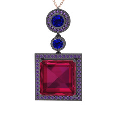 Toprak Kolye - Rodolit garnet, lab safir ve ametist 925 ayar siyah rodyum kaplama gümüş kolye (40 cm rose altın rolo zincir) #1ubx0ld
