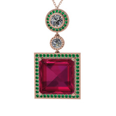 Rodolit garnet, beyaz zirkon ve yeşil kuvars 925 ayar rose altın kaplama gümüş kolye (40 cm rose altın rolo zincir)