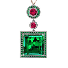 Yeşil kuvars ve rodolit garnet 14 ayar beyaz altın kolye (40 cm rose altın rolo zincir)