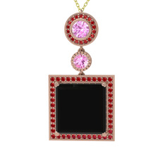 Toprak Kolye - Siyah zirkon, pembe kuvars ve garnet 14 ayar rose altın kolye (40 cm altın rolo zincir) #1vjstfq