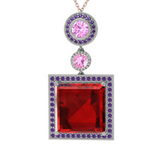 Garnet, pembe kuvars ve ametist 925 ayar gümüş kolye (40 cm gümüş rolo zincir)