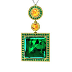 Yeşil kuvars ve sitrin 14 ayar altın kolye (40 cm gümüş rolo zincir)