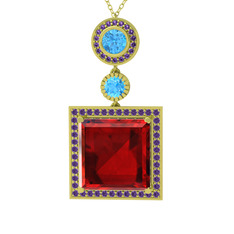 Garnet, akuamarin ve ametist 925 ayar altın kaplama gümüş kolye (40 cm altın rolo zincir)