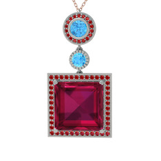 Rodolit garnet, akuamarin ve garnet 925 ayar gümüş kolye (40 cm rose altın rolo zincir)