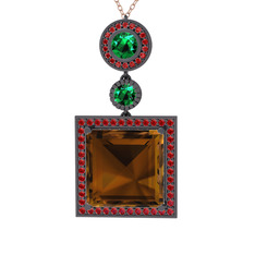 Toprak Kolye - Dumanlı kuvars, yeşil kuvars ve garnet 925 ayar siyah rodyum kaplama gümüş kolye (40 cm rose altın rolo zincir) #1xmfxgn