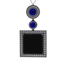 Toprak Kolye - Siyah zirkon, lab safir ve beyaz zirkon 925 ayar siyah rodyum kaplama gümüş kolye (40 cm beyaz altın rolo zincir) #1yew3mv