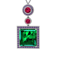 Yeşil kuvars, rodolit garnet ve ametist 925 ayar gümüş kolye (40 cm gümüş rolo zincir)