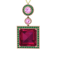 Toprak Kolye - Rodolit garnet, pembe kuvars ve yeşil kuvars 18 ayar rose altın kolye (40 cm altın rolo zincir) #1ysfl74