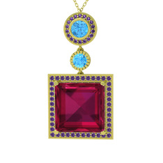 Rodolit garnet, akuamarin ve ametist 14 ayar altın kolye (40 cm altın rolo zincir)