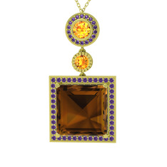 Toprak Kolye - Dumanlı kuvars, sitrin ve ametist 8 ayar altın kolye (40 cm altın rolo zincir) #27lafo