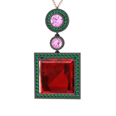 Garnet, pembe kuvars ve yeşil kuvars 925 ayar siyah rodyum kaplama gümüş kolye (40 cm rose altın rolo zincir)