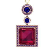 Toprak Kolye - Rodolit garnet, lab safir ve ametist 18 ayar rose altın kolye (40 cm altın rolo zincir) #2d668f