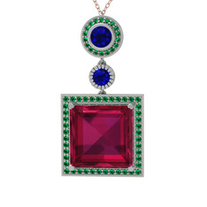 Rodolit garnet, lab safir ve yeşil kuvars 14 ayar beyaz altın kolye (40 cm rose altın rolo zincir)