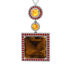 Toprak Kolye - Dumanlı kuvars, sitrin ve garnet 8 ayar beyaz altın kolye (40 cm beyaz altın rolo zincir) #2ioo
