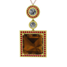 Dumanlı kuvars, beyaz zirkon ve garnet 8 ayar altın kolye (40 cm rose altın rolo zincir)
