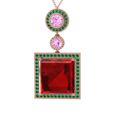 Garnet, pembe kuvars ve yeşil kuvars 14 ayar rose altın kolye (40 cm rose altın rolo zincir)