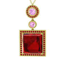 Toprak Kolye - Garnet ve pembe kuvars 14 ayar altın kolye (40 cm altın rolo zincir) #4167ki
