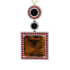 Toprak Kolye - Dumanlı kuvars, siyah zirkon ve garnet 14 ayar beyaz altın kolye (40 cm gümüş rolo zincir) #4a4539