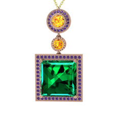 Yeşil kuvars, sitrin ve ametist 18 ayar rose altın kolye (40 cm altın rolo zincir)