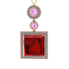 Garnet, pembe kuvars ve beyaz zirkon 18 ayar rose altın kolye (40 cm altın rolo zincir)