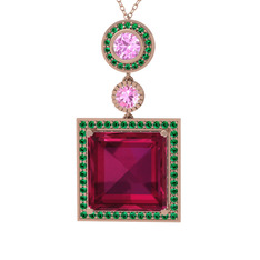 Toprak Kolye - Rodolit garnet, pembe kuvars ve yeşil kuvars 18 ayar rose altın kolye (40 cm gümüş rolo zincir) #4roev0