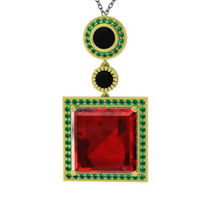 Garnet, siyah zirkon ve yeşil kuvars 14 ayar altın kolye (40 cm gümüş rolo zincir)