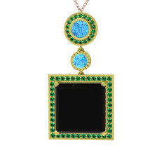 Siyah zirkon, akuamarin ve yeşil kuvars 925 ayar altın kaplama gümüş kolye (40 cm gümüş rolo zincir)